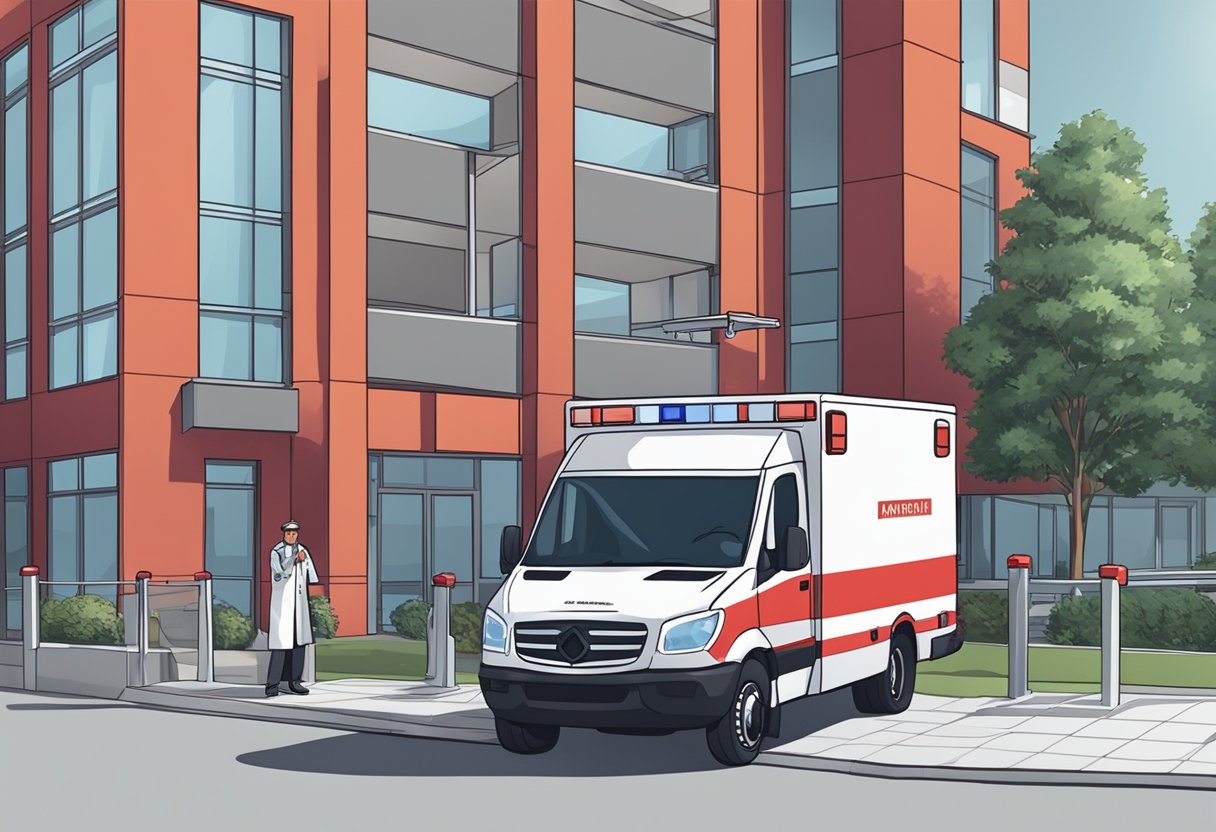 A red and white ambulance parked outside a hospital, with its lights flashing and a paramedic standing by