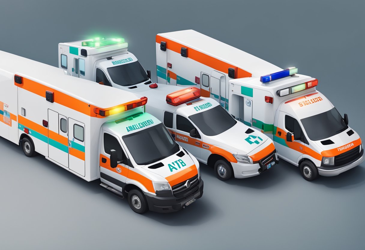Various types of ambulances lined up with emergency service number displayed