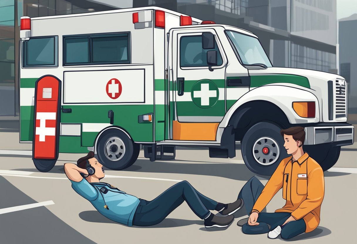 A person calling emergency number for ambulance, while another provides first aid