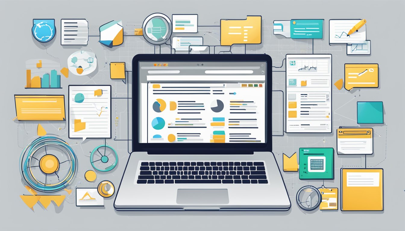 Keywords surround a laptop, with various tabs open showing alternative keyword research tools.</p><p>A chart displays comparison data, while a notepad with notes sits next to the laptop