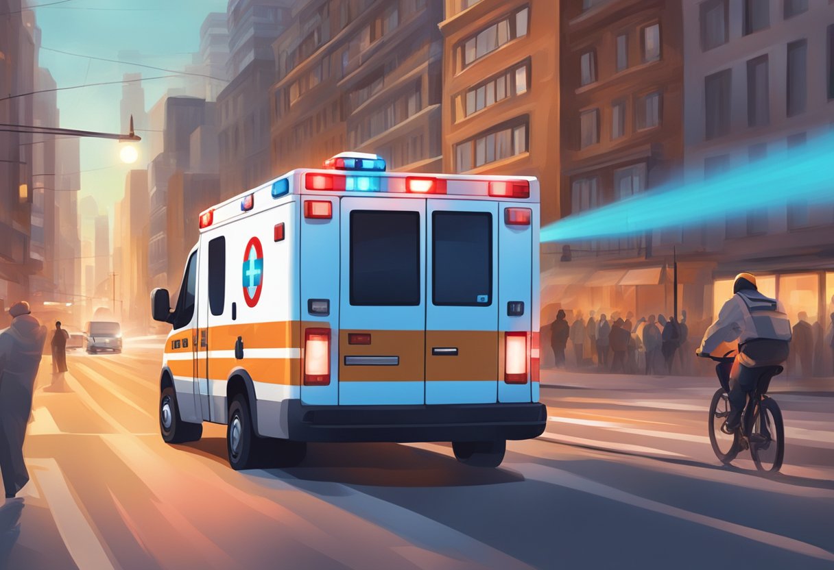 A person dials the emergency number while an ambulance rushes through the streets with flashing lights and blaring sirens
