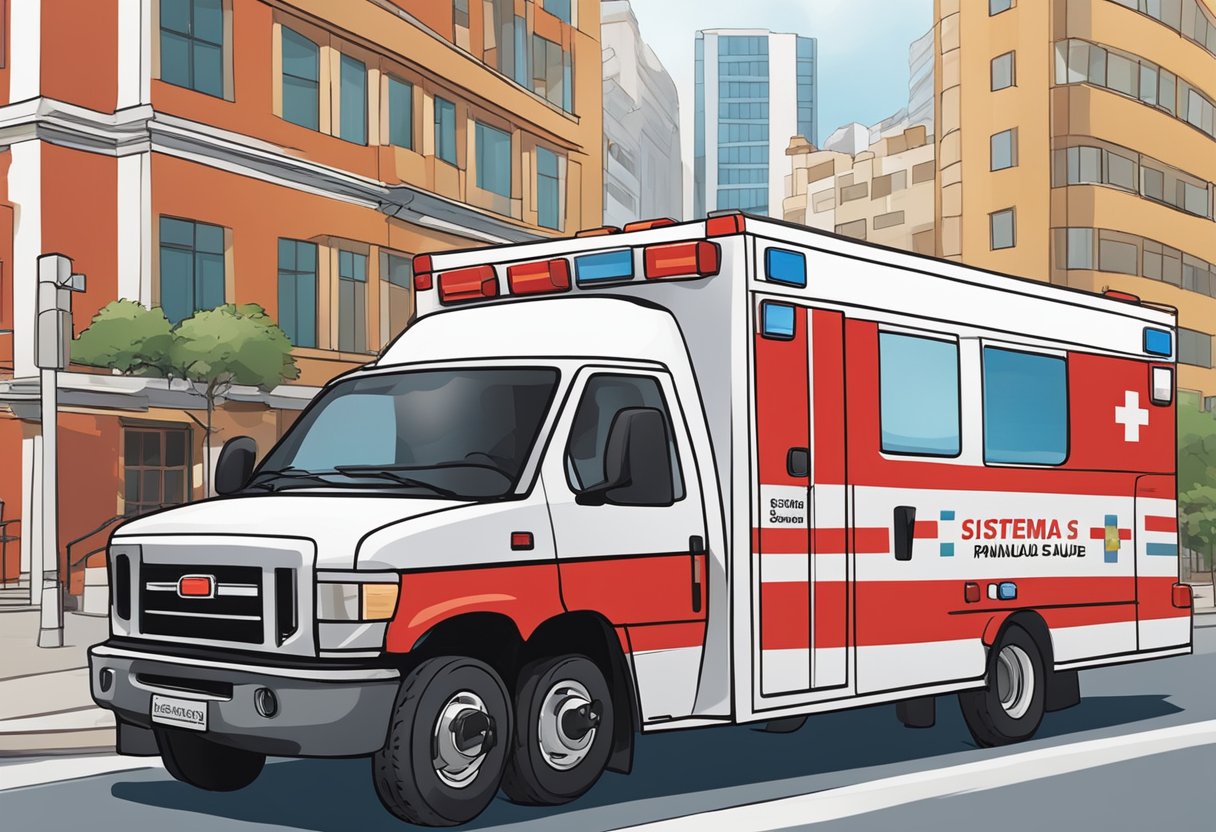 A red and white ambulance rushing through the city streets towards the emergency room of a hospital, with the words "Sistema Único de Saúde (SUS)" prominently displayed on the vehicle