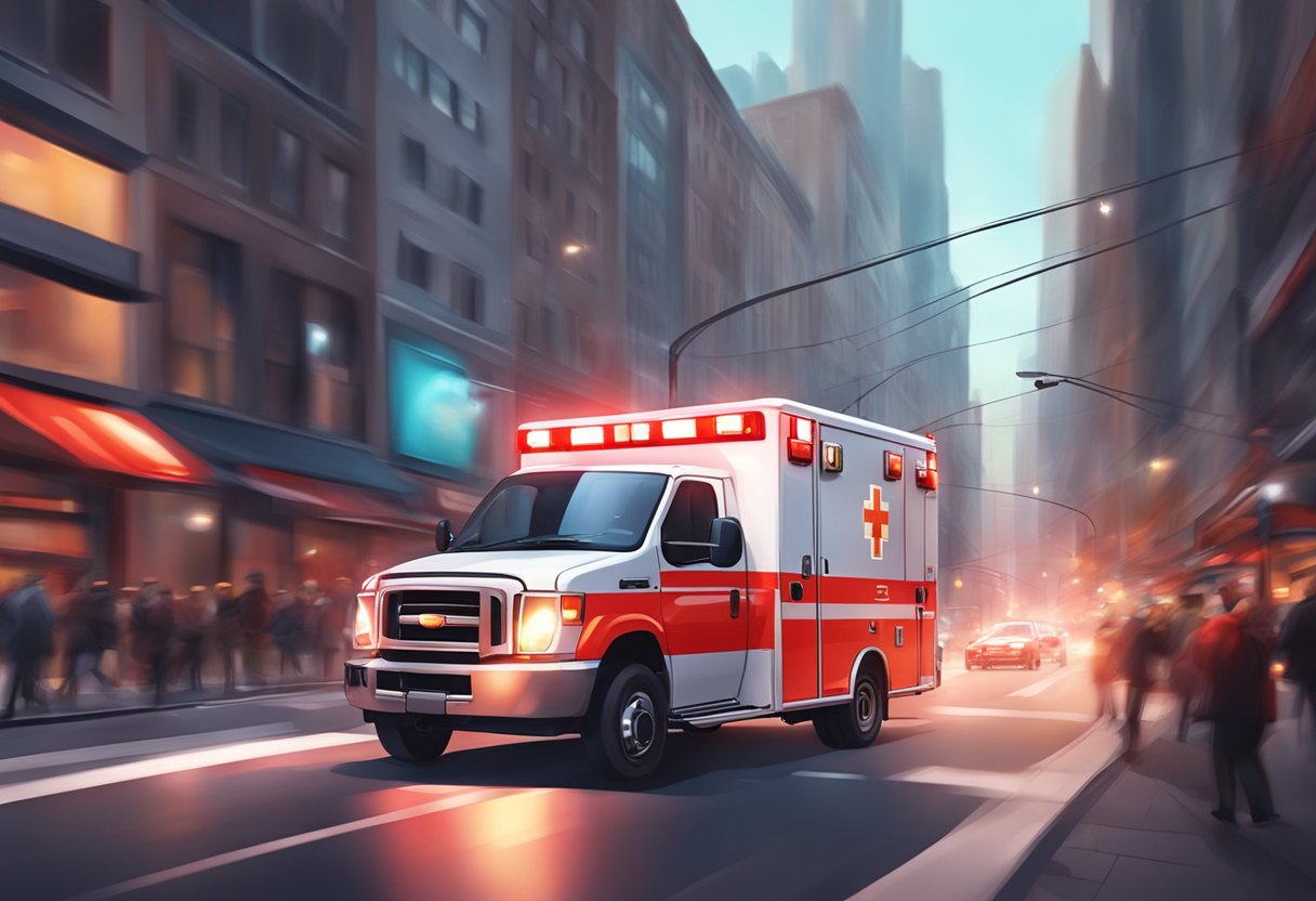Número de Emergência Ambulância: Como Ligar e o Que Informar 1 A bright red ambulance with flashing lights and a siren rushing through a busy city street
