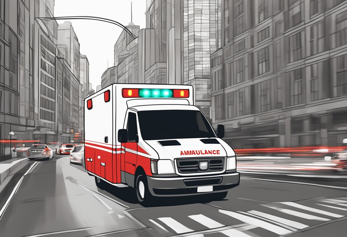 Número de Emergência Ambulância: Como Ligar e o Que Informar 2 A red and white ambulance speeds through a busy city street with its lights flashing and siren blaring, rushing to an emergency