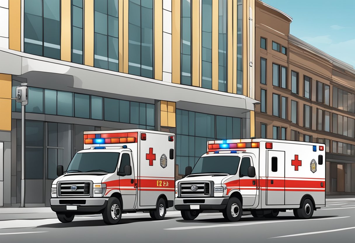 Número de Emergência Ambulância: Como Ligar e o Que Informar 3 Emergency Services scene: ambulance with flashing lights and sirens, parked outside a building