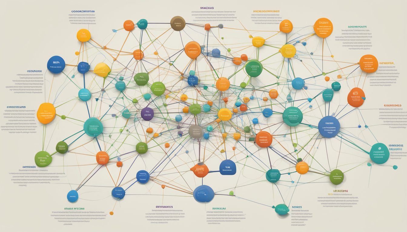 Keywords surround a central hub, each with its own branch of related terms, forming a web of interconnected ideas