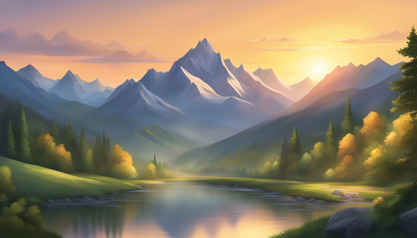 A grand mountain range overlooks a serene valley with lush greenery, as the sun sets behind the peaks, casting a warm glow over the landscape