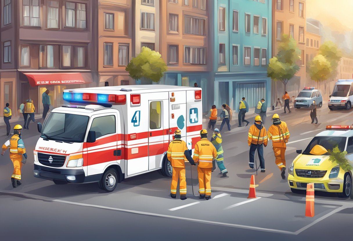 Número de Emergência Ambulância: Como Ligar e o Que Informar 5 Emergency situation with ambulance, people in distress, emergency number displayed