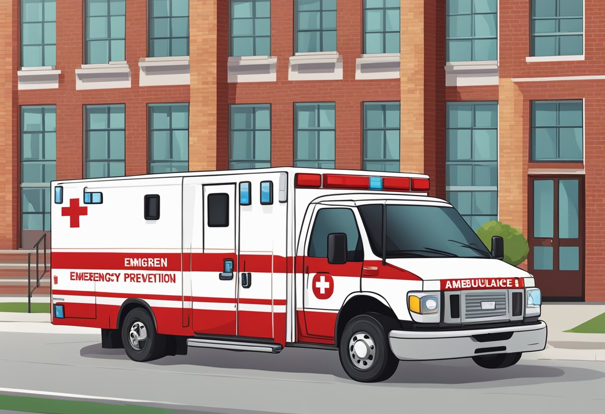 Número de Emergência Ambulância: Como Ligar e o Que Informar 7 A red ambulance parked outside a school, with a sign promoting emergency prevention and education