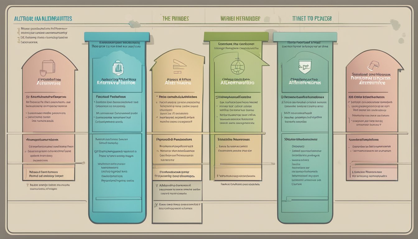 The scene depicts a comparison chart with the title "Critical Factors to Consider When Choosing an Alternative" and the list of "The 7 Top Alternatives to KWFinder."