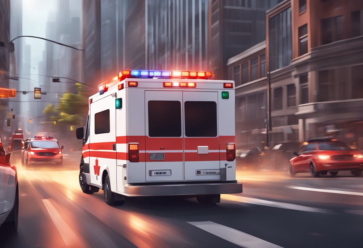 A red and white ambulance with flashing lights and sirens rushing through a busy city street towards an emergency