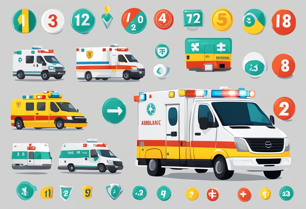 Emergency numbers and associated services depicted with ambulance and relevant symbols