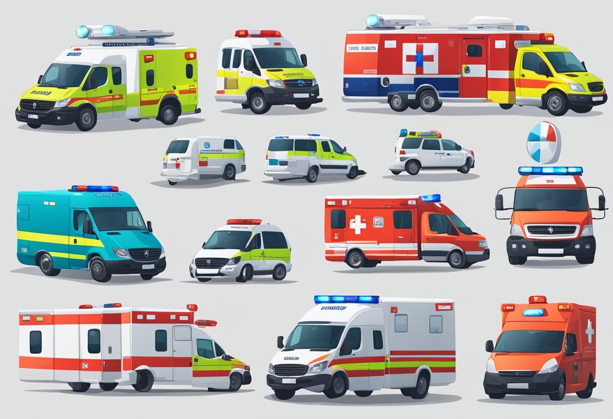 Various ambulance types and emergency equipment. Call number displayed