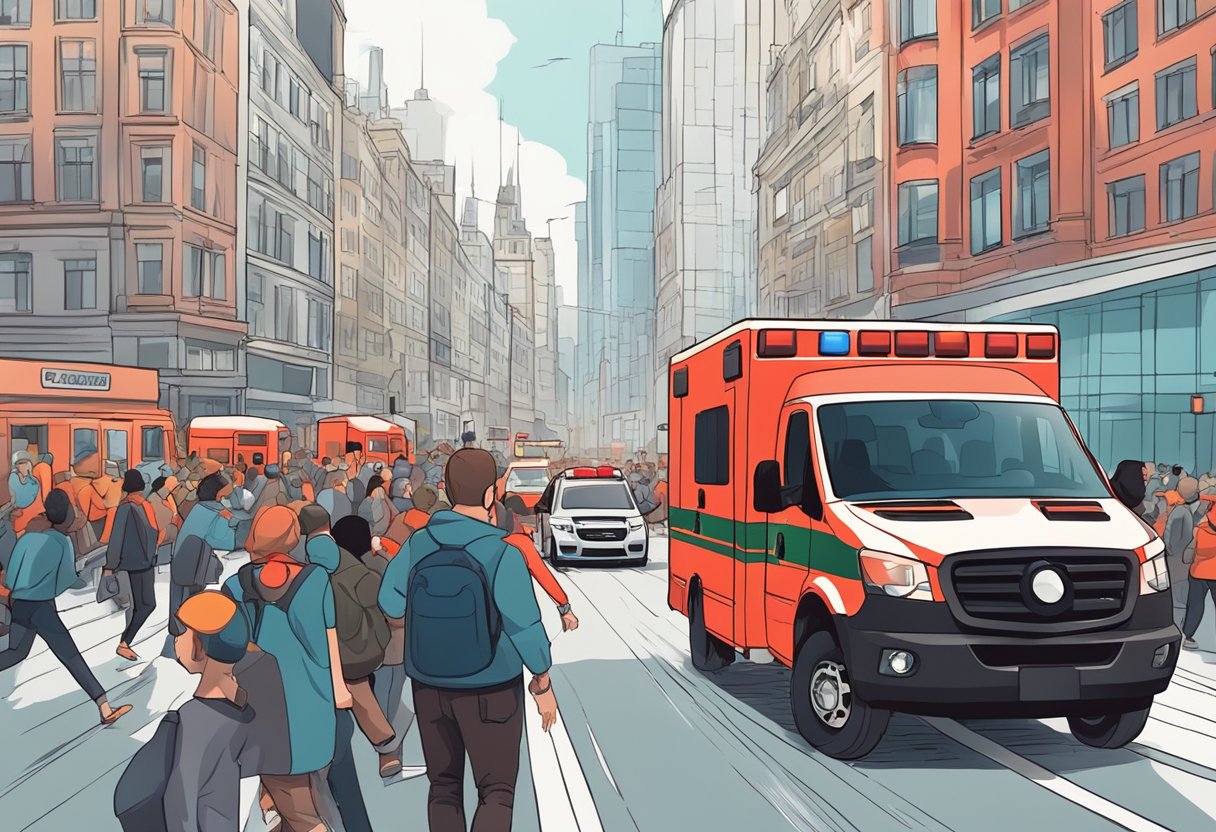 A bright red ambulance with flashing lights and a siren speeding through a crowded city street, with people parting to make way for it
