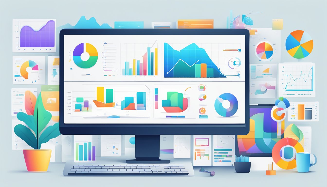 A vibrant computer screen displays 7 unique icons representing alternative options to Long Tail Pro, surrounded by colorful graphs and data charts