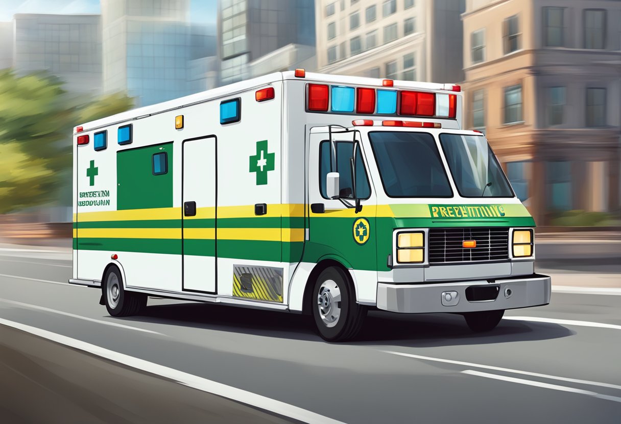 Ambulance speeding to emergency with "Prevention and Health Education" signage