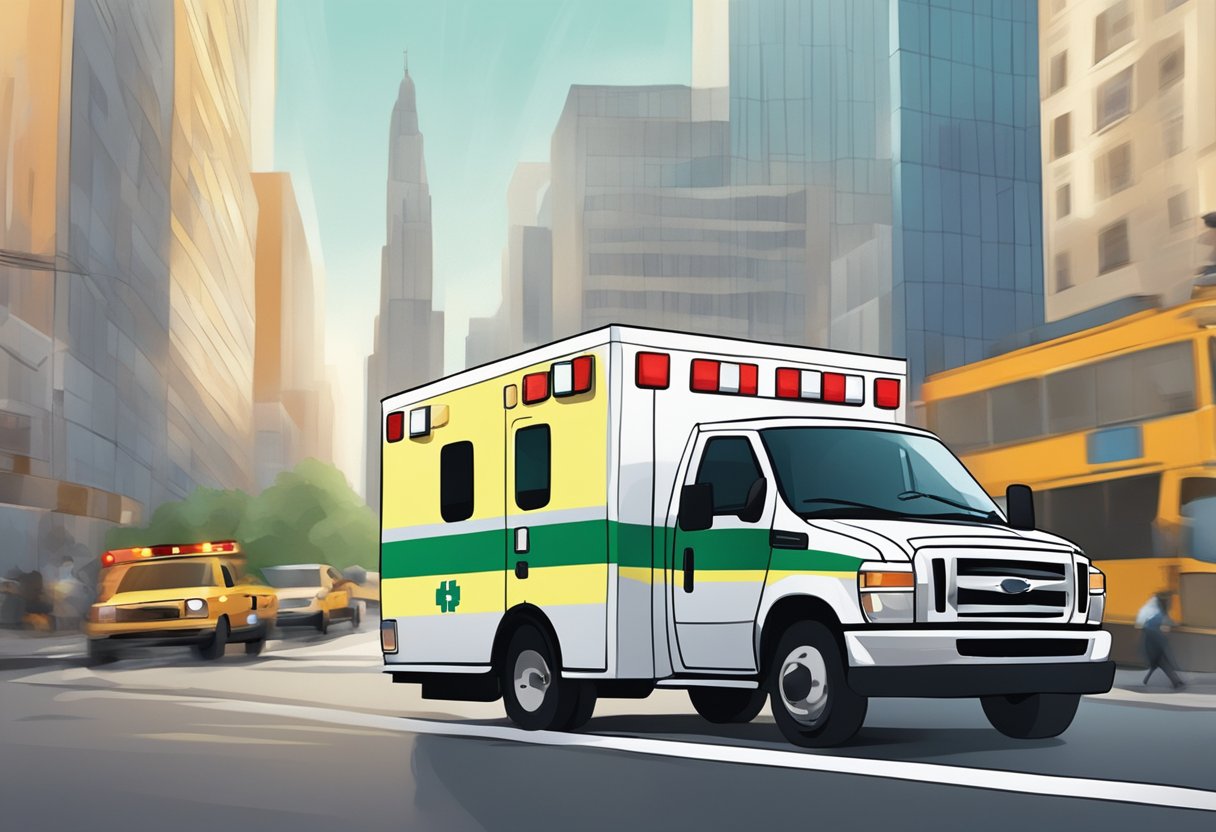 An ambulance rushing through city streets, sirens blaring, as it navigates through traffic to reach a hospital