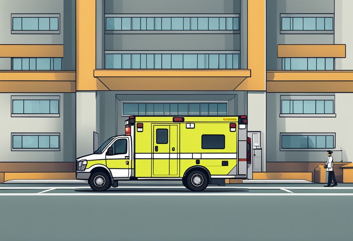 A simple removal ambulance parked outside a hospital, with its lights flashing and the paramedics preparing to transport a patient