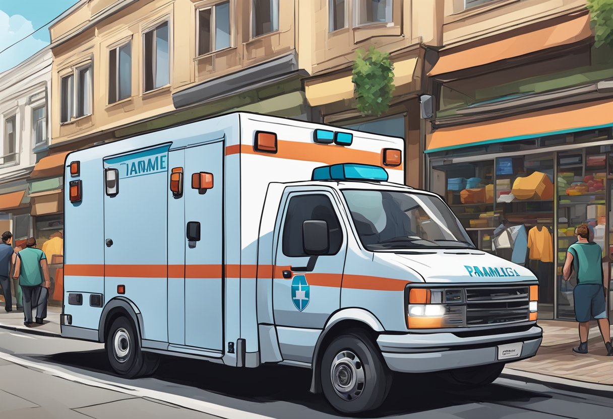 An ambulance parked outside a market, with a paramedic providing a simple removal service