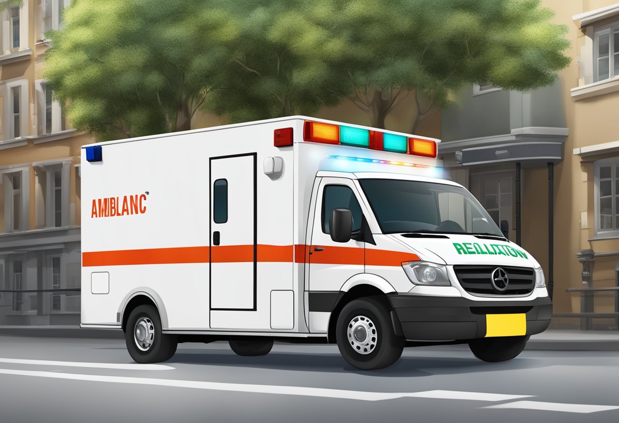 A simple ambulance with price regulations and legislation signage