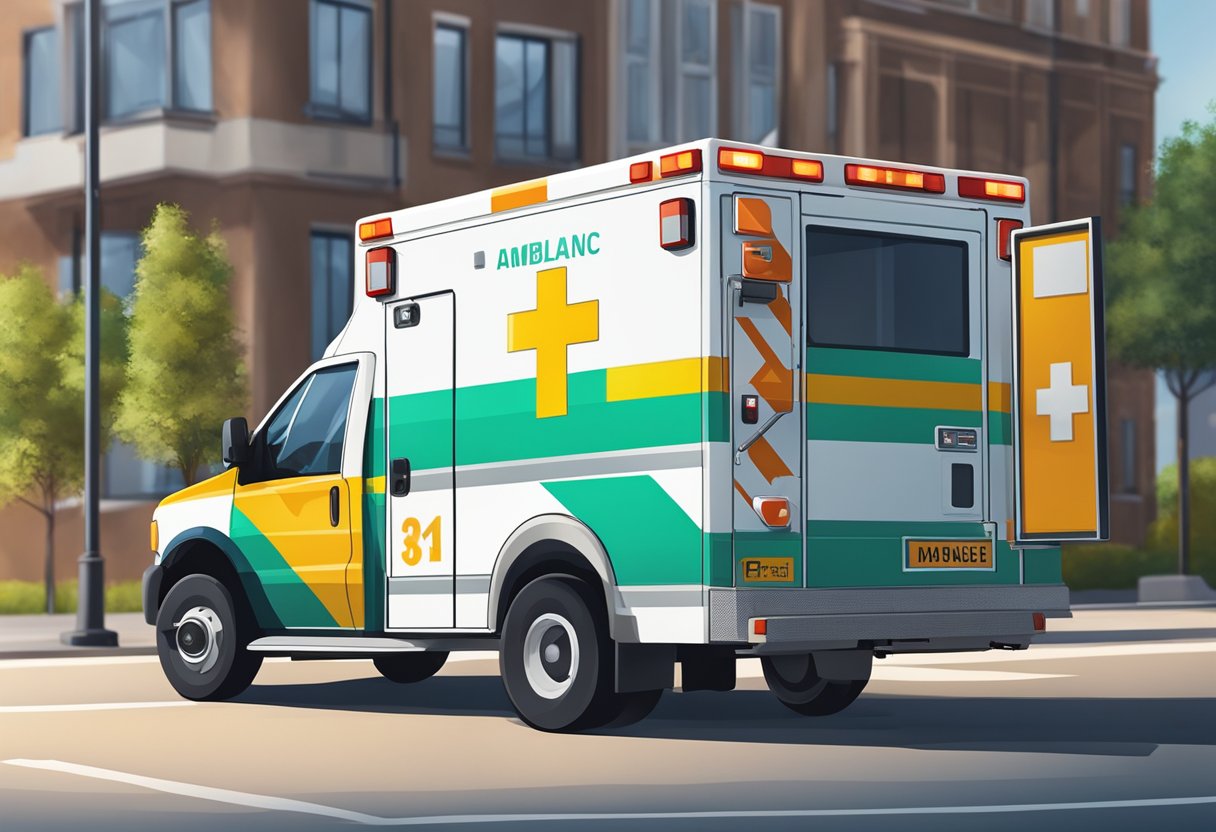 An ambulance parked outside with a visible price sign for simple removal services