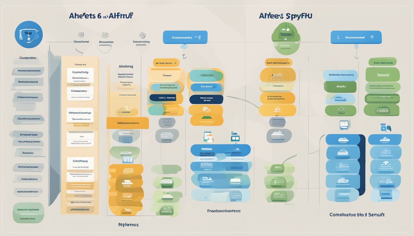 A comparison chart showing Ahrefs and 6 alternatives to SpyFu, with each tool's features and benefits highlighted