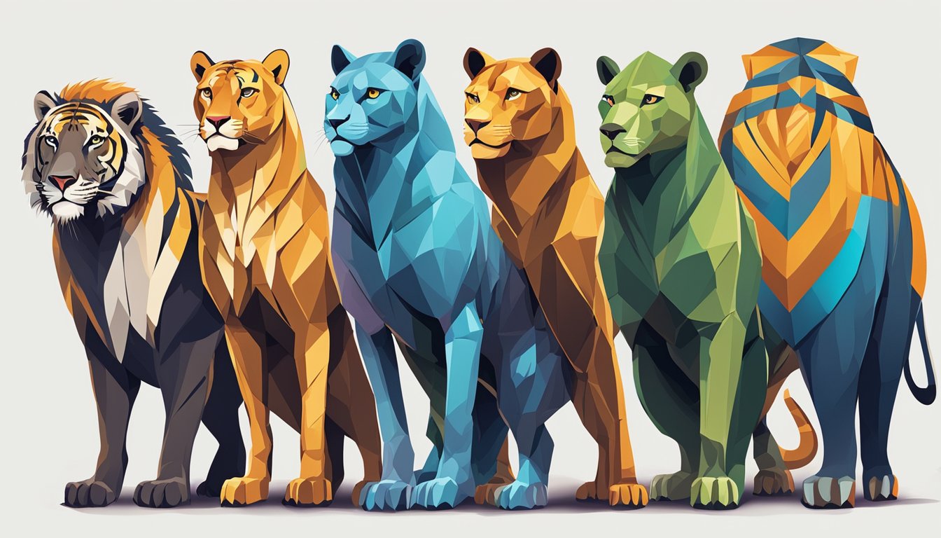 A lineup of 7 powerful animal figures, each representing an alternative to Long Tail Pro, standing confidently in a row with bold and dynamic poses