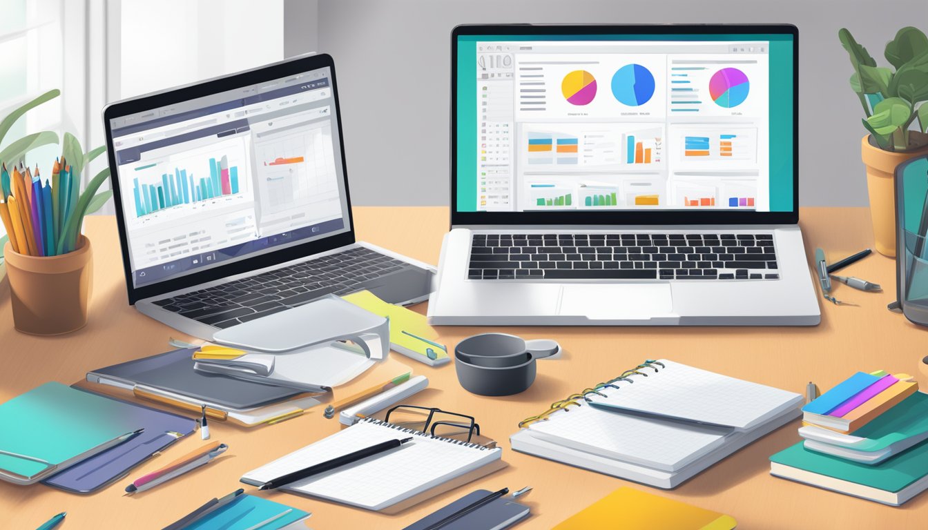 A laptop open on a desk with a vibrant SEO tool interface displayed, surrounded by notebooks and pens for note-taking