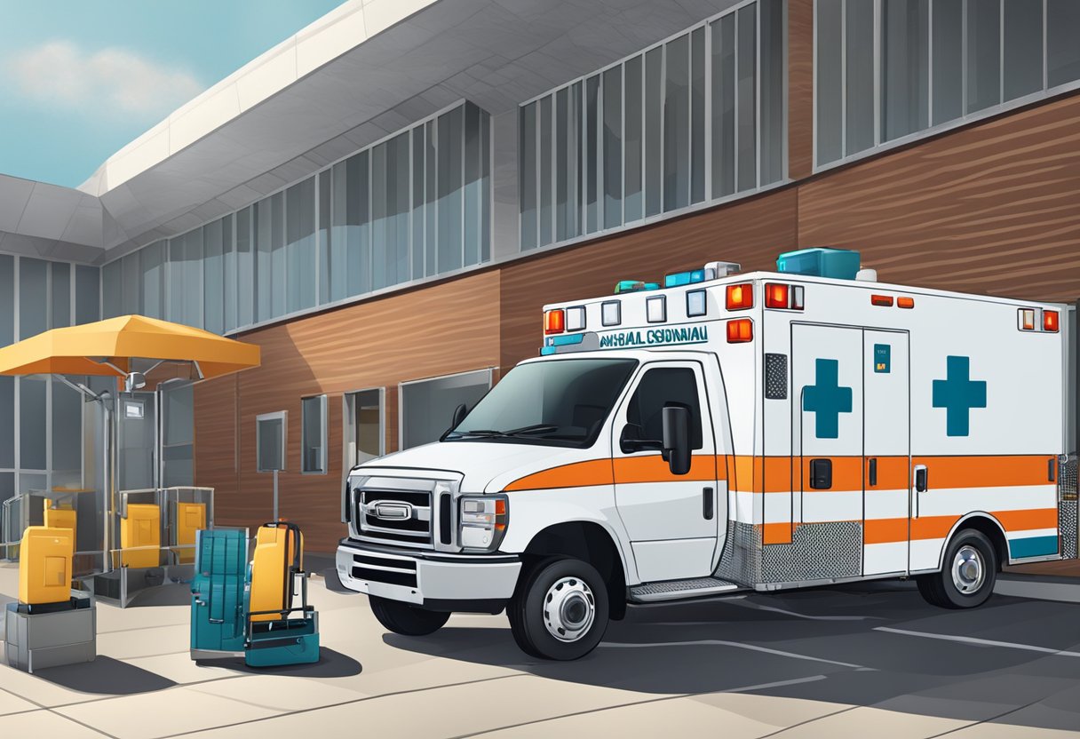 An ambulance parked outside a building, with medical equipment being loaded inside