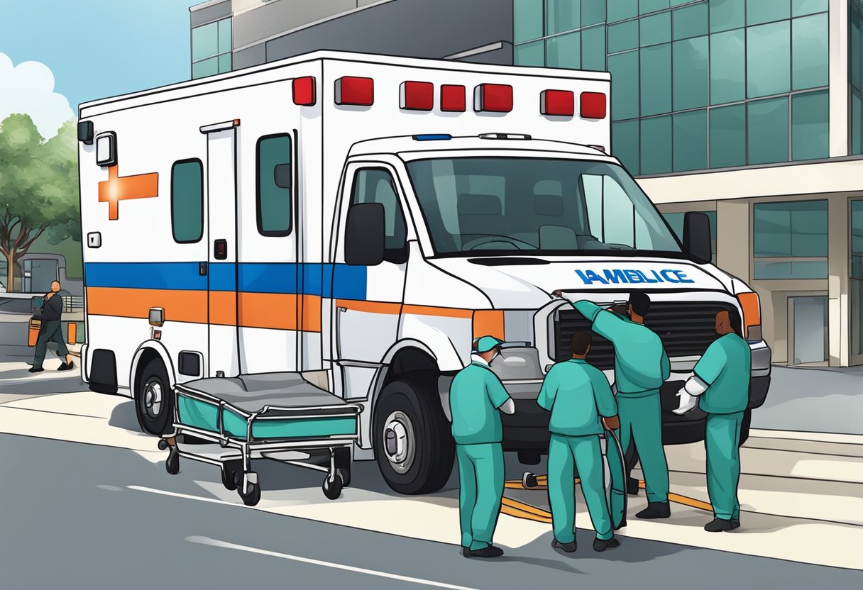 An ambulance parked outside a hospital, with medical staff loading a stretcher into the vehicle