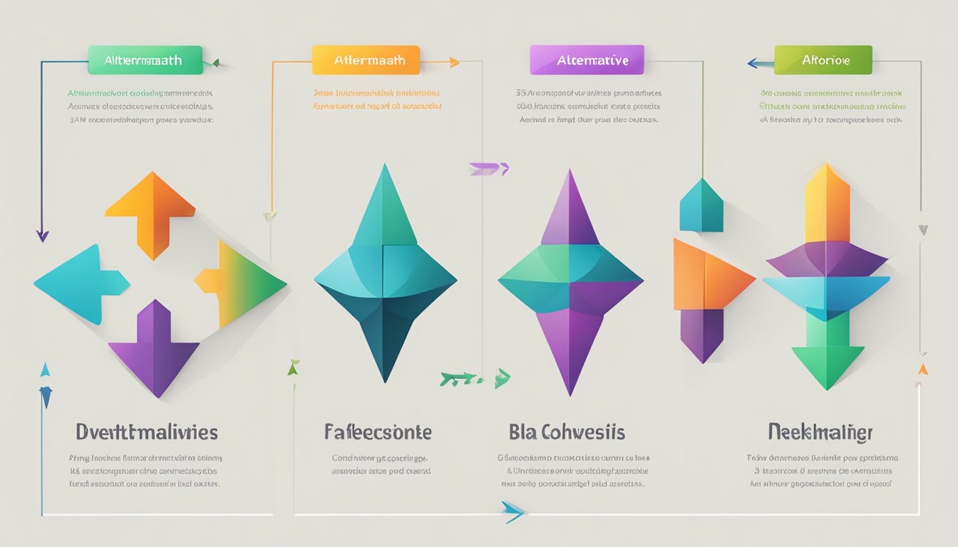 Six colorful arrows pointing to alternative options, each labeled with a different alternative to RankMath