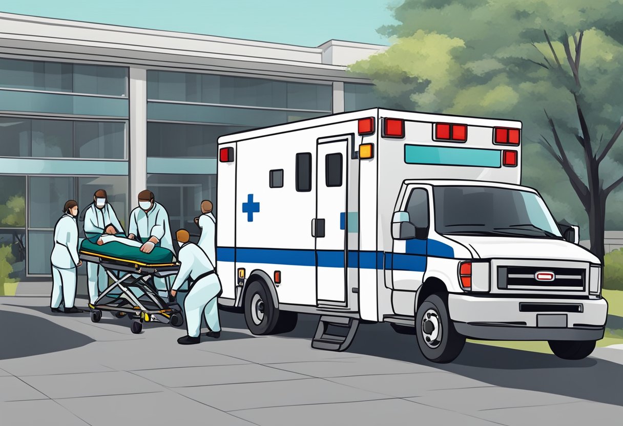 An ambulance parked outside a hospital, with medical staff loading a stretcher into the vehicle for patient transfer