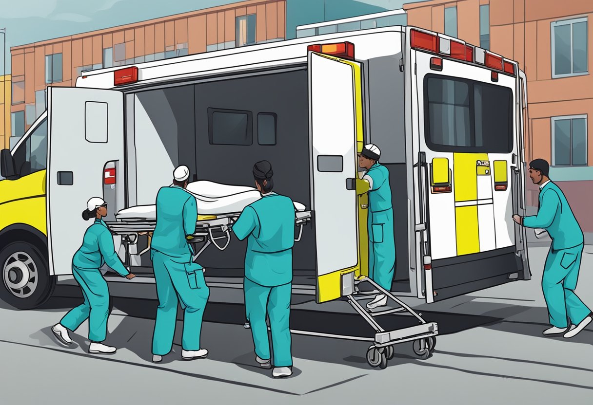 A team of medical professionals loading a patient onto an ambulance stretcher