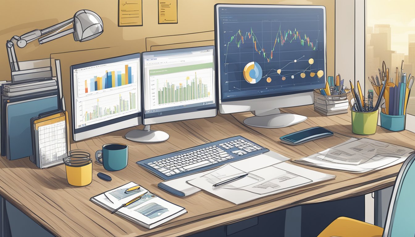 A desk with a computer displaying alternative tools to SpyFu, surrounded by charts, graphs, and notes