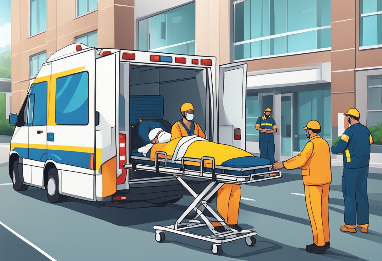 A patient being loaded into an ambulance by medical staff, with logistical and administrative tasks being carried out in the background