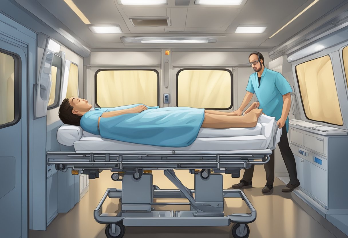 A patient is gently transferred onto a stretcher inside an ambulance, with soft padding and comforting surroundings