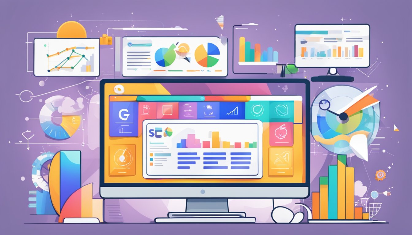 A computer screen displaying various SEO tools with colorful graphs and charts.</p><p>The All in One SEO Pack logo is prominent, surrounded by the logos of the top 6 alternatives, including RankMath