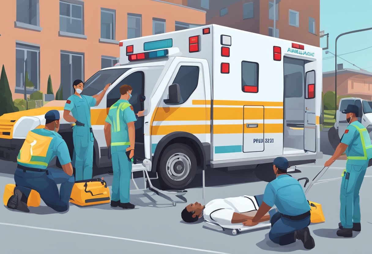 Ambulance parked, paramedics securing stretcher, checking vital signs, and communicating with patient. Safety protocols followed