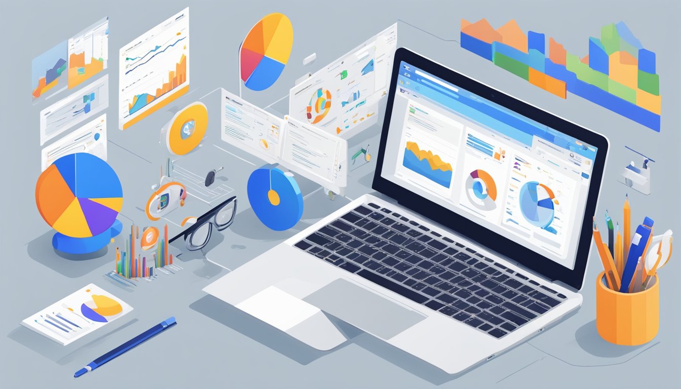 A laptop surrounded by various SEO tools, with Ahrefs and Surfer SEO being the focal points.</p><p>Graphs and data visualizations are displayed on the screen