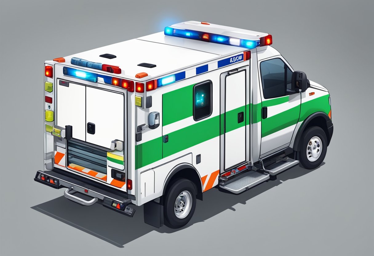 An ambulance with flashing lights and sirens transports a patient on a stretcher. Medical equipment and supplies are visible inside the vehicle