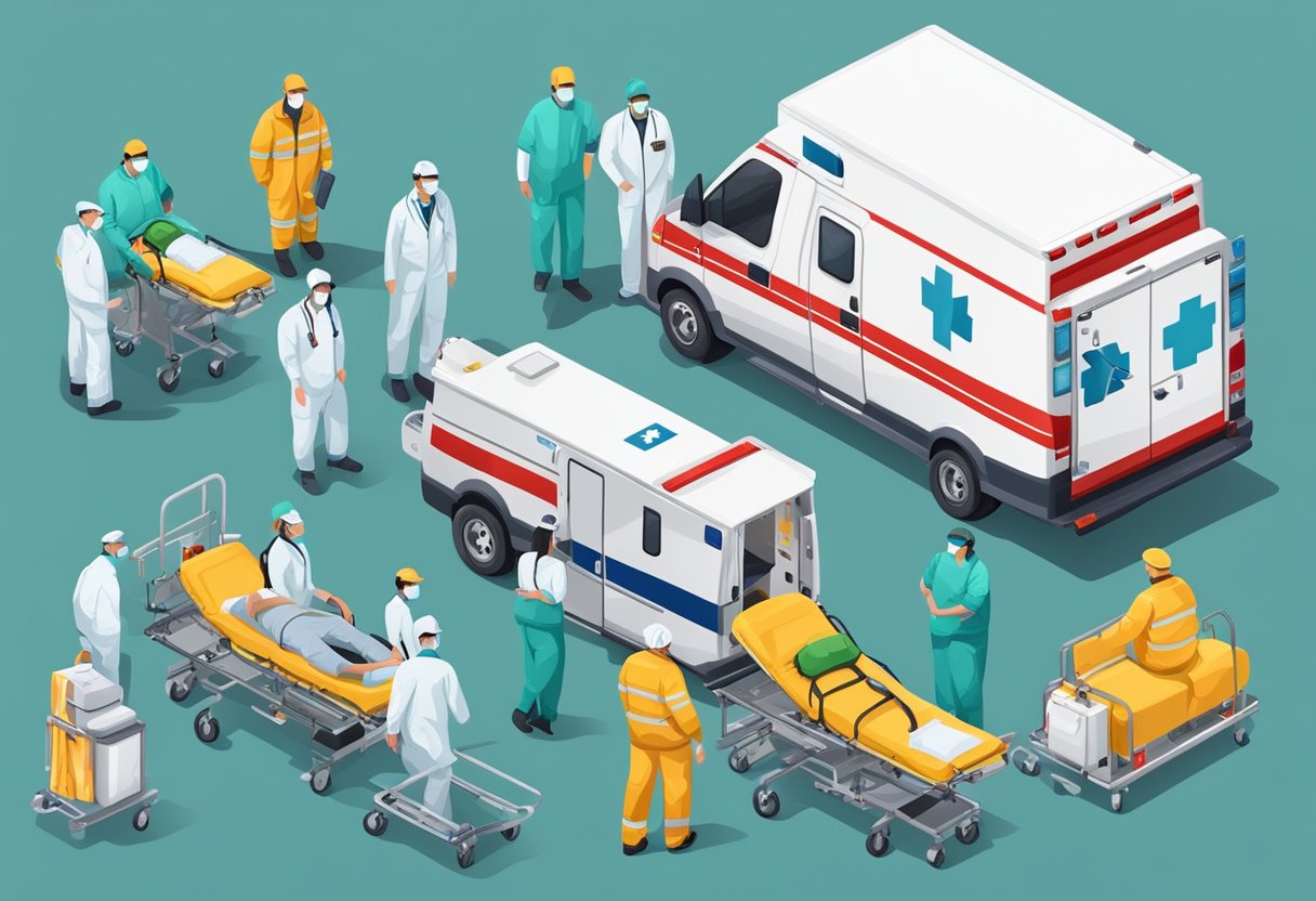 Ambulance with safety protocols, patient stretcher, medical equipment, and paramedics