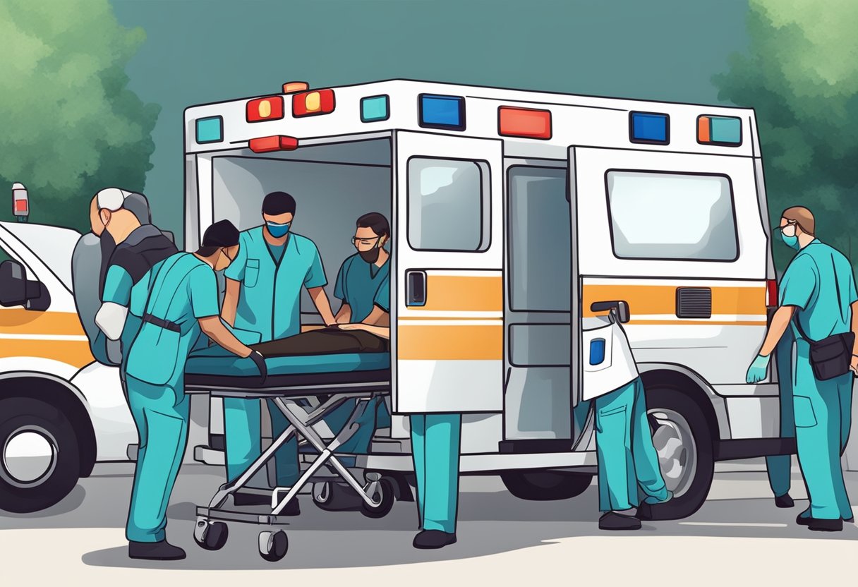 Professional medical team loading patient into ambulance