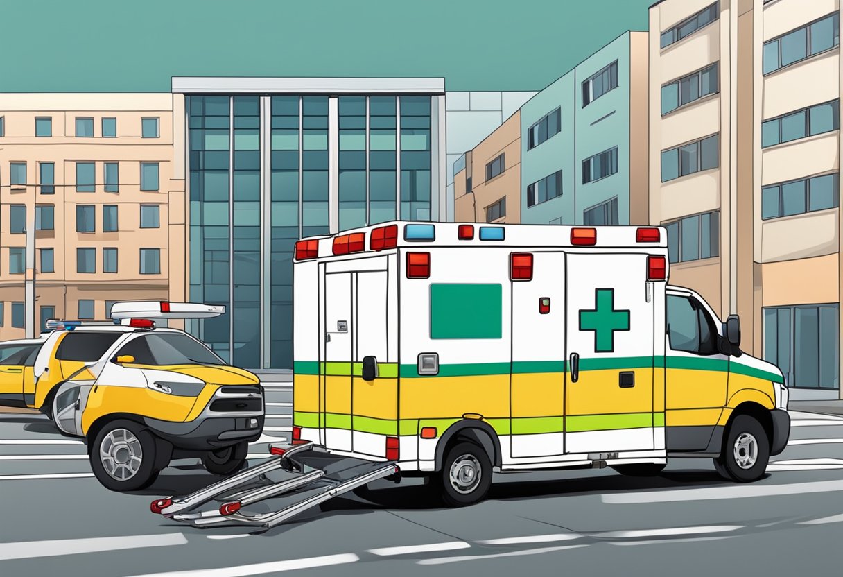 Ambulance parked, medics loading stretcher