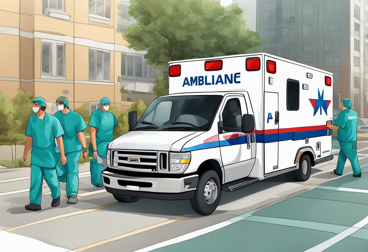 Patients being transferred into an ambulance by medical personnel