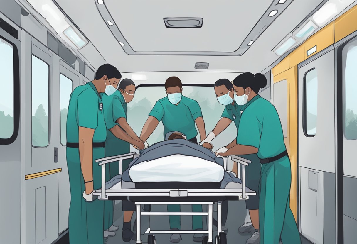 A patient being gently transferred onto a stretcher inside an ambulance, surrounded by a calm and comforting atmosphere