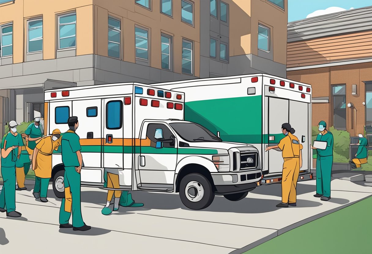 Patients being loaded into ambulance by medical personnel in a hospital driveway