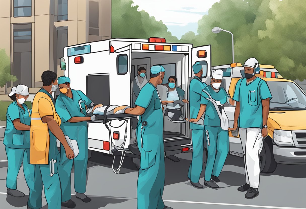 Patients being loaded into ambulance with medical staff assisting