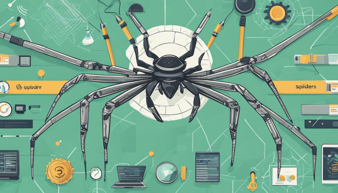 A spider with six legs crawls over a row of SEO tools, each labeled with a different alternative to Frog SEO Spider