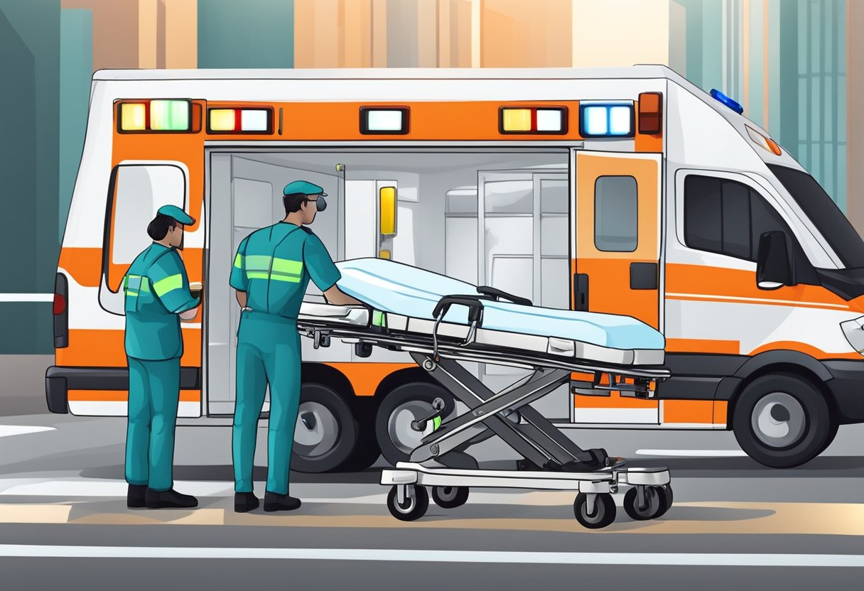 Remoção de Pacientes em Ambulância: Procedimentos e Melhores Práticas 2 Ambulance parked with medical equipment. Paramedics loading stretcher. Lights flashing