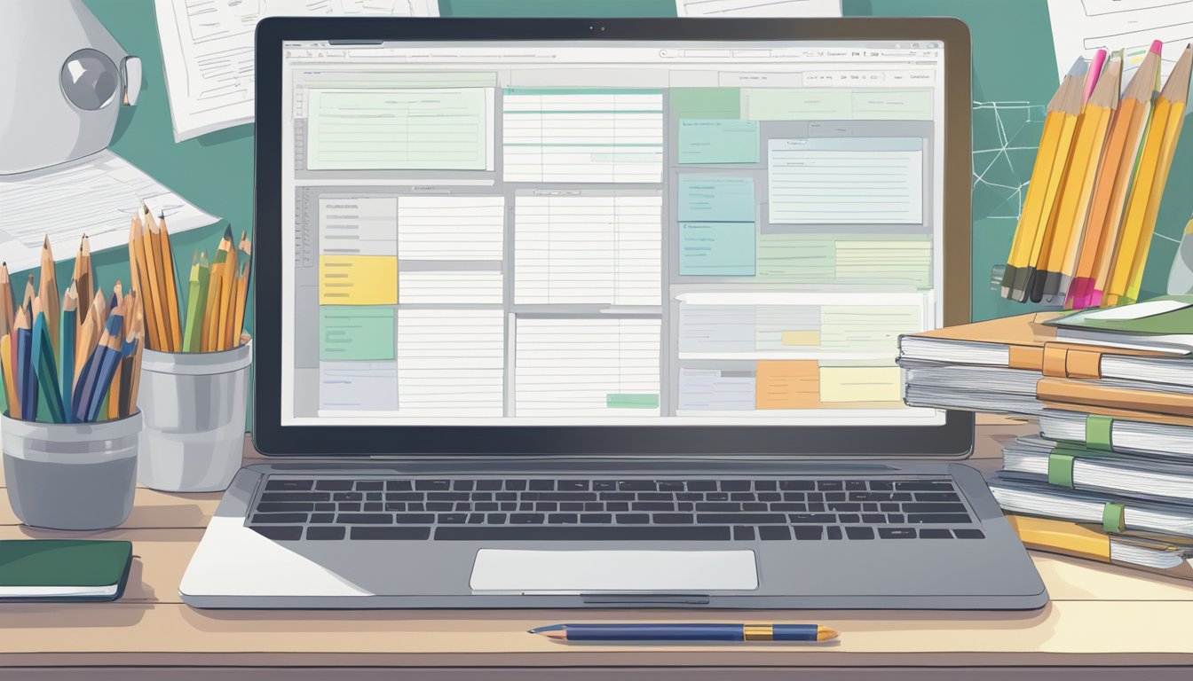 A desk with a computer displaying a list of "Clearscope The 7 Top Alternatives to Page Optimizer Pro" surrounded by notebooks and pencils